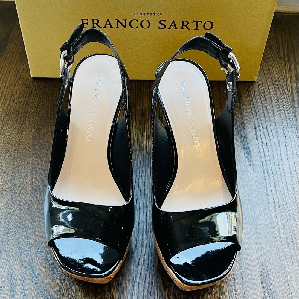 Franco Sarto black patent wedge sandals.